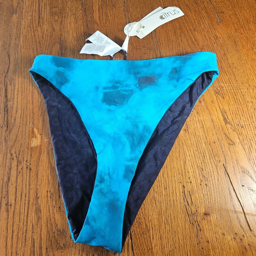 NEW Citrus Reversible‎ High Cut Bikini Bottoms Recycled Fabric Blue Black Size S